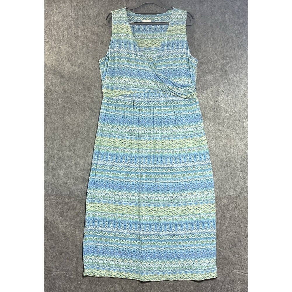 J Jill Dress Medium Blue Geometric V Neck Maxi Stretch Coastal Vacation Packable